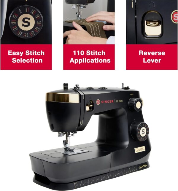 Singer HD500 Classic Sewing Machine, Metal Plastic, Black/Gold - Image 5