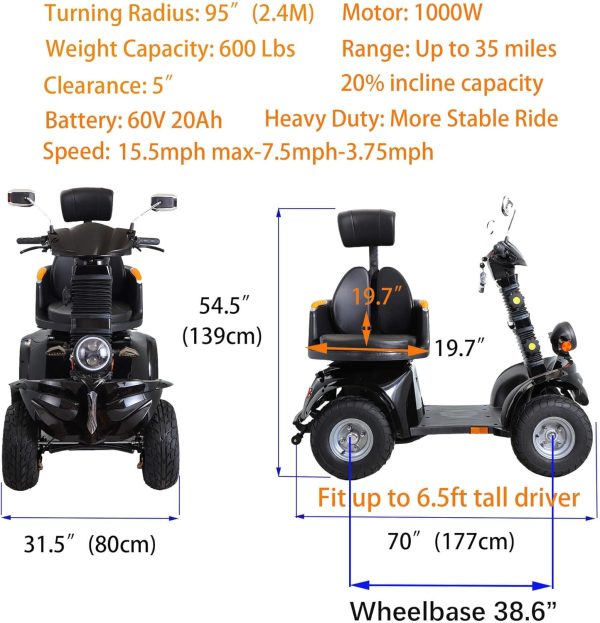 Mobility Scooters for Seniors & Adults 600lbs Capacity, Heavy Duty 4-Wheel 3-Speed Electric Powered Wheelchair Device 1000W - Image 3