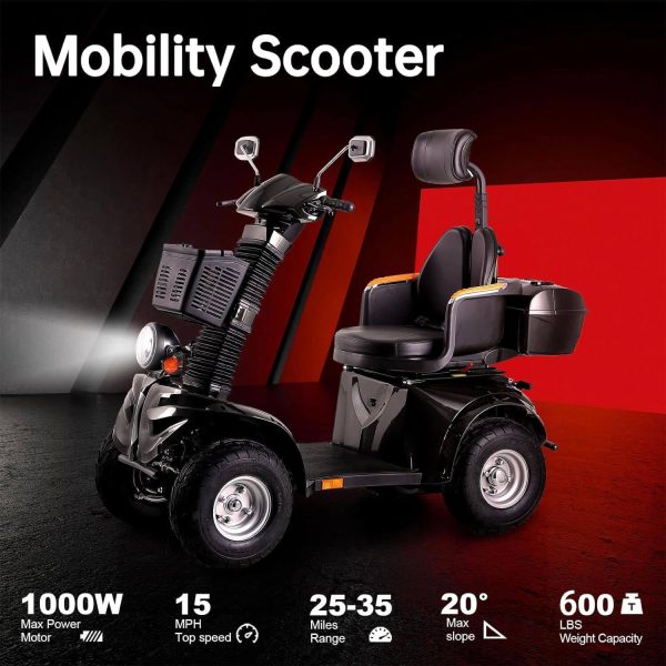 Mobility Scooters for Seniors & Adults 600lbs Capacity, Heavy Duty 4-Wheel 3-Speed Electric Powered Wheelchair Device 1000W - Image 4
